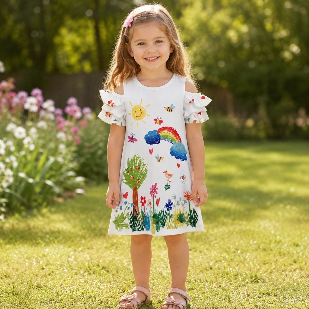 Truly Me Girls White Cold Shoulder Dress Rainbow Floral Rhinestone Size 4